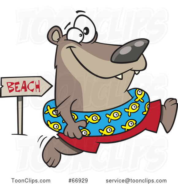Cartoon Summer Bear Wearing an Inner Tube and Running to the Beach