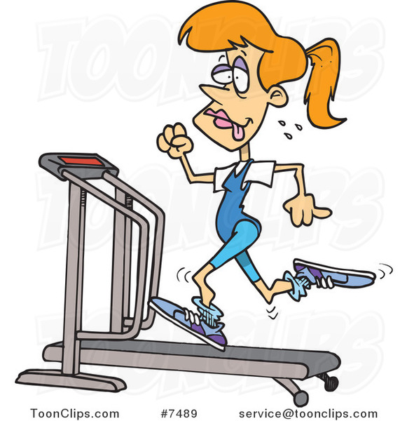 Cartoon Sweaty Lady Running on a Treadmill