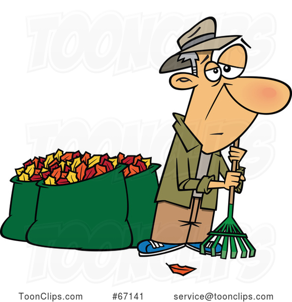 Cartoon Tired Old White Guy After Raking and Bagging Autumn Leaves