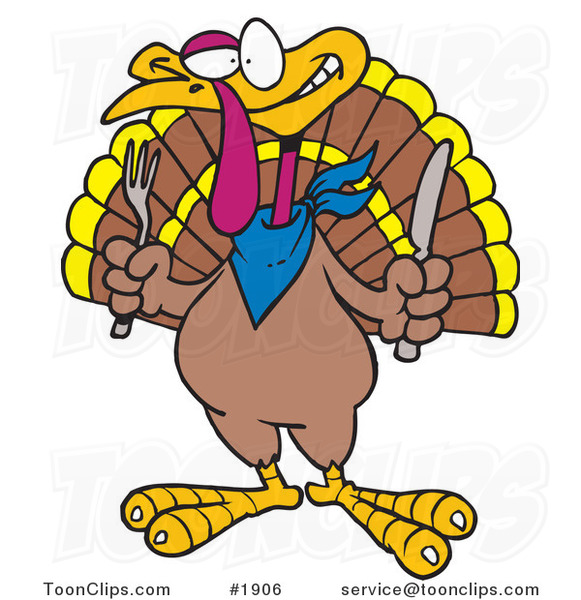 Cartoon Turkey Bird Holding a Knife and Fork