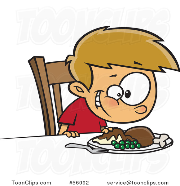 Cartoon White Boy Smiling down at His Turkey Dinner