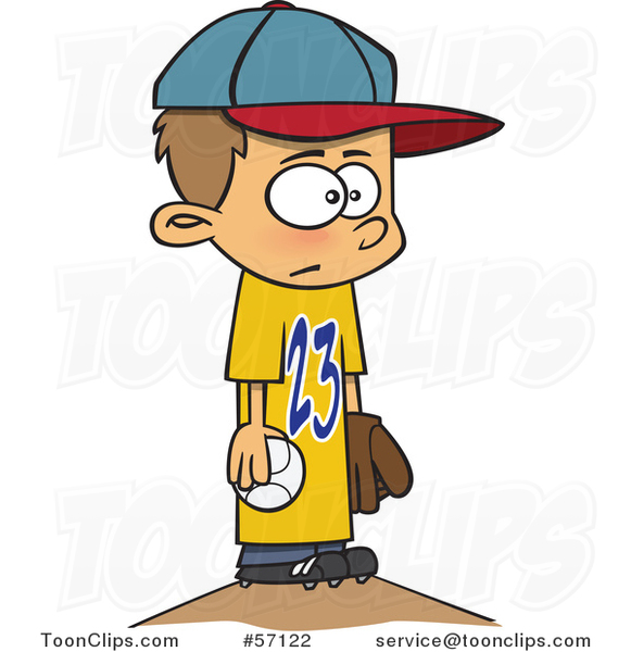 Cartoon White Boy Wearing a Big Jersey and Standing on Baseball Pitchers Mound