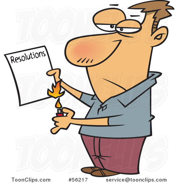Cartoon White Guy Burning His List of Failed Resolutions