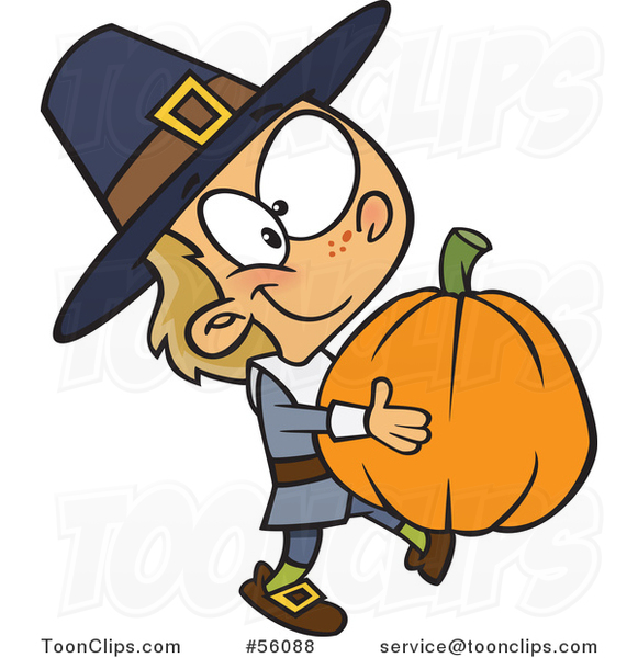 Cartoon White Pilgrim Boy Carrying a Big Pumpkin