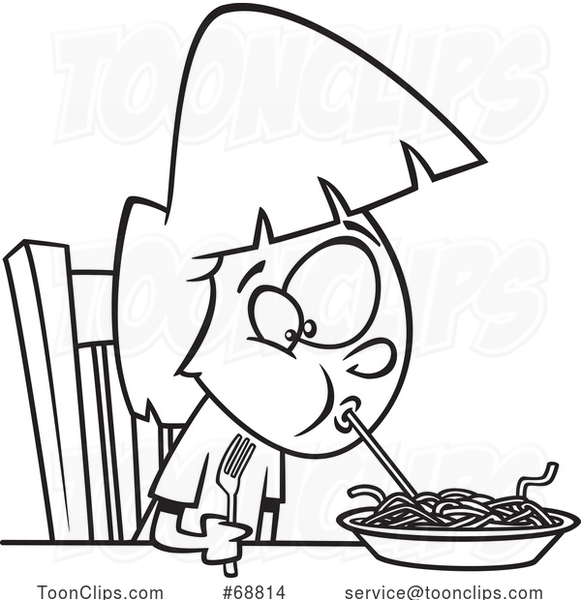 Clipart Cartoon Black and White Girl Sucking up a Spaghetti Noodle