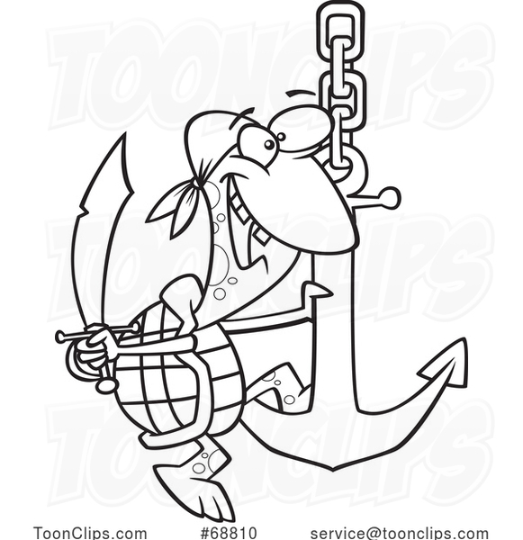 Clipart Cartoon Black and White Pirate Turtle Swinging on an Anchor