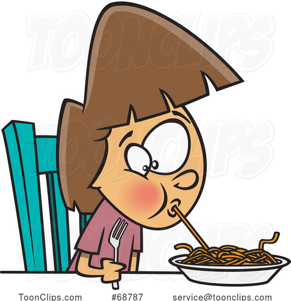 Clipart Cartoon Girl Sucking up a Spaghetti Noodle