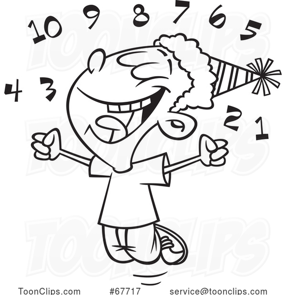 Clipart Outline Cartoon Boy Celebrating the New Year