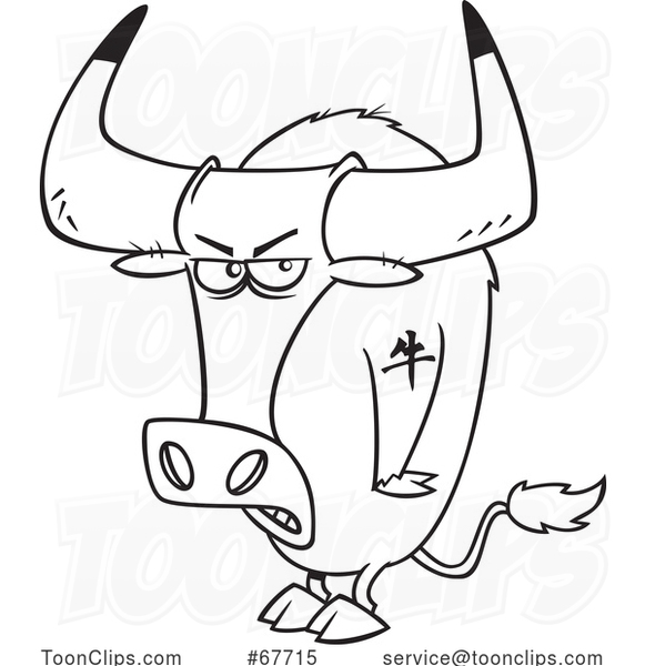 Clipart Outline Cartoon Tough Chinese Zodiac Tattooed Ox
