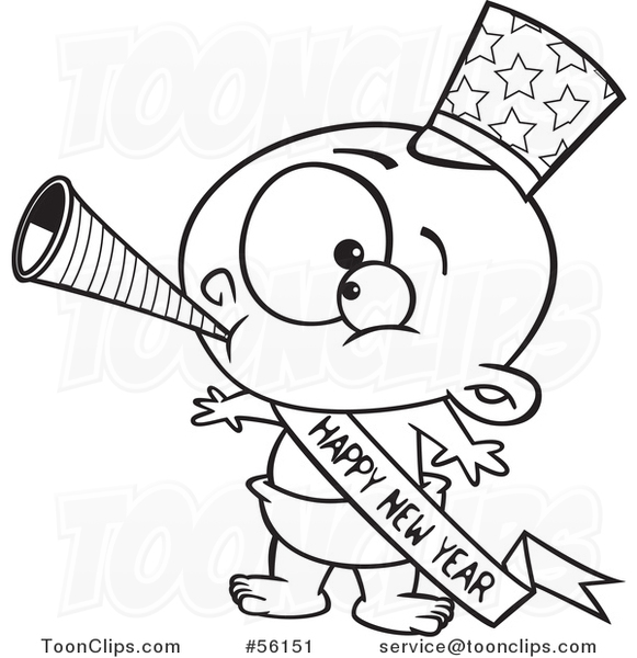 Outline Cartoon New Year Baby Blowing a Horn, Wearing a Top Hat and a Banner