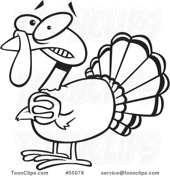 Outlined Scared Cartoon Turkey Bird Clasping His Hands