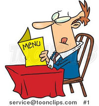 Cartoon White Guy Sitting at a Table and Reading a Menu at a Restaurant by Toonaday