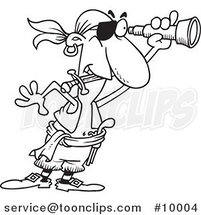 Cartoon Black and White Line Drawing of a Pirate Using a Spyglass by Toonaday