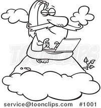 Cartoon Line Art Design of a Wise Guy Using a Laptop on a Mountain by Toonaday