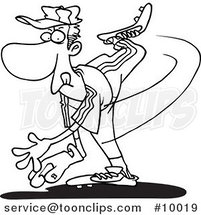 Cartoon Black and White Line Drawing of a Pitcher Throwing by Toonaday
