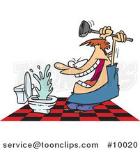Cartoon Guy Attacking a Toilet with a Plunger by Toonaday