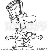 Cartoon Black and White Line Drawing of a Business Man Feeling Pressure on His Head by Toonaday