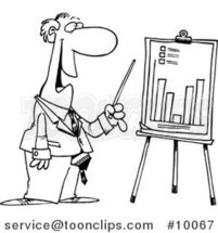 Cartoon Black and White Line Drawing of a Business Man Discussing a Bar Graph by Toonaday