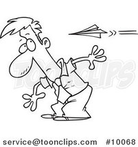 Cartoon Black and White Line Drawing of a Guy Moving to Avoid a Paper Plane by Toonaday