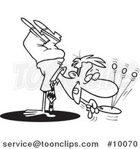 Cartoon Black and White Line Drawing of a Business Man Doing a Handstand and Playing Paddle Ball by Toonaday