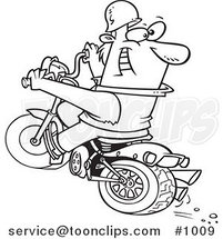 Cartoon Line Art Design of a Biker Riding a Blue Hog and Looking Back by Toonaday