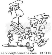 Cartoon Black and White Line Drawing of a Cop Watching a Boy Throw Toilet Paper by Toonaday