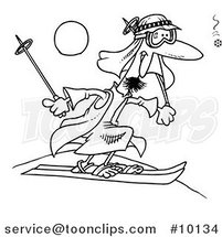Cartoon Black and White Line Drawing of a Guy Sand Skiing by Toonaday