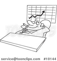 Cartoon Black and White Line Drawing of a Satisfied Business Man Smoking a Cigar by a Chart by Toonaday