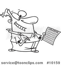 Cartoon Black and White Line Drawing of a Business Man Scheduling by Toonaday