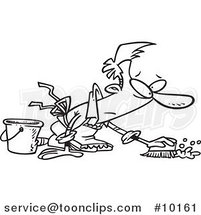 Cartoon Black and White Line Drawing of a Guy Scrubbing a Floor by Toonaday
