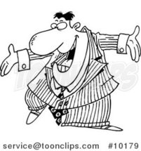 Cartoon Black and White Line Drawing of a Pushy Business Man by Toonaday