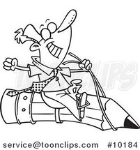 Cartoon Black and White Line Drawing of a Satisfied Business Man Riding a Pencil by Toonaday