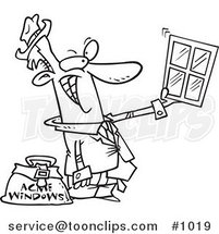 Cartoon Line Art Design of a Window Salesman Holding up a Window by Toonaday