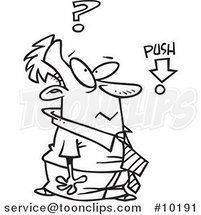 Cartoon Black and White Line Drawing of a Business Man Pondering Pushing a Button by Toonaday