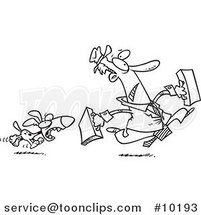 Cartoon Black and White Line Drawing of a Dog Chasing a Salesman by Toonaday