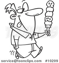 Cartoon Black and White Line Drawing of a Guy with Lots of Ice Cream Scoops by Toonaday
