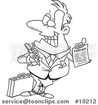 Cartoon Black and White Line Drawing of a Salesman Holding a Contract by Toonaday