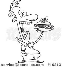 Cartoon Black and White Line Drawing of a Guy Eating a Sandwich by Toonaday