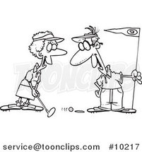 Cartoon Black and White Line Drawing of a Retired Couple Golfing by Toonaday