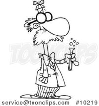 Cartoon Black and White Line Drawing of a Goofy Scientist by Toonaday