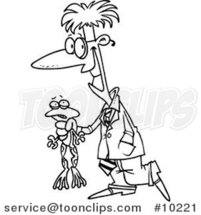 Cartoon Black and White Line Drawing of a Scientist Holding a Frog by Toonaday