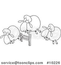 Cartoon Black and White Line Drawing of a Herd of Sheep Leaping a Fence by Toonaday