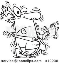Cartoon Black and White Line Drawing of a Shaky Business Man with Coffee by Toonaday