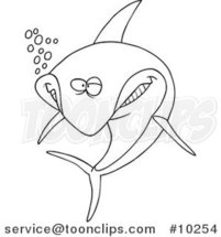 Cartoon Black and White Line Drawing of a Happy Shark by Toonaday