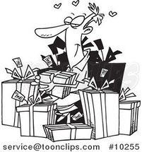 Cartoon Black and White Line Drawing of a Guy Giving Himself Gifts by Toonaday
