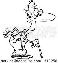 Cartoon Black and White Line Drawing of a Geezer with a Cane by Toonaday