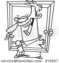 Cartoon Black and White Line Drawing of a Business Man Holding up a Frame by Toonaday