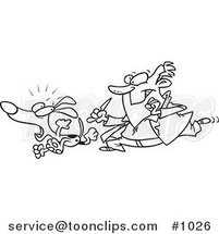 Cartoon Line Art Design of a Vet Chasing a Dog for a Neuter Surgery by Toonaday