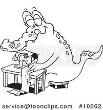 Cartoon Black and White Line Drawing of a Sewing Alligator by Toonaday