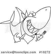 Cartoon Black and White Line Drawing of a Hungry Shark by Toonaday